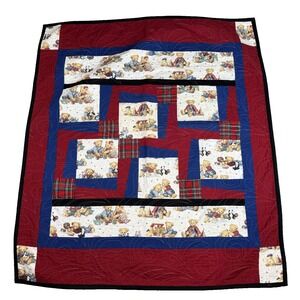 Blue Jean Teddy Bear Baby Blanket Handmade Quilted Reversible‎ Plaid Nursery